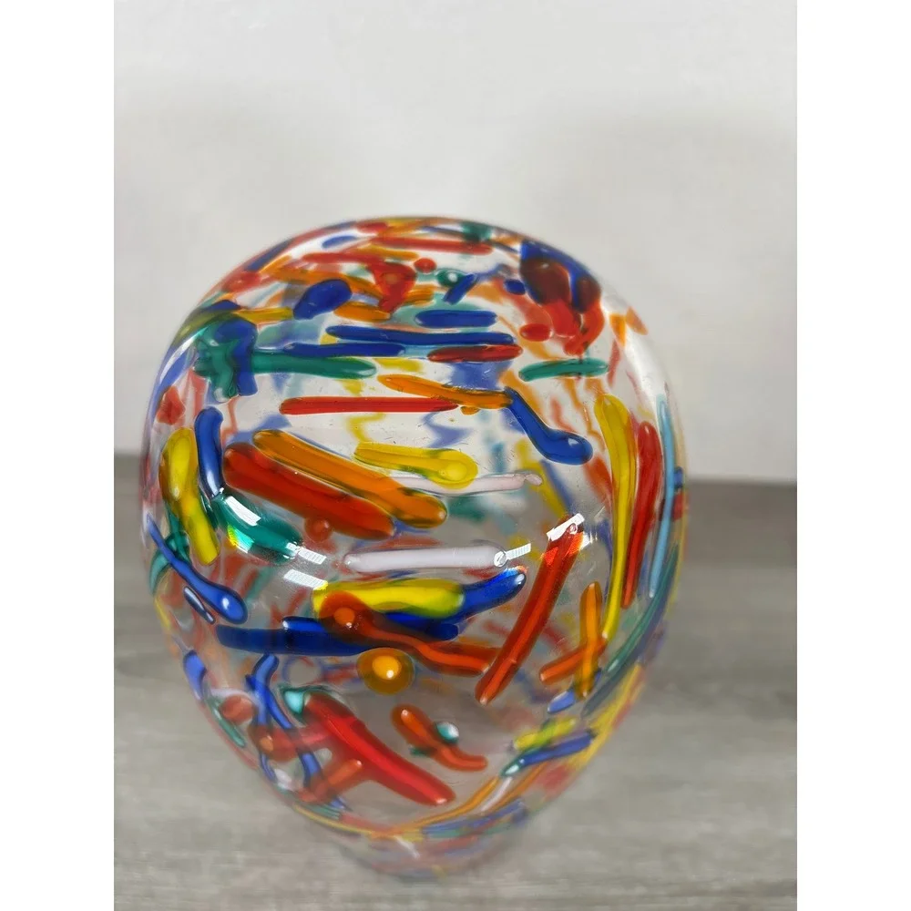 Vintage Pier 1 Imports Confetti Mouth Blown Art Glass Flower Vase Rainbow 11 in